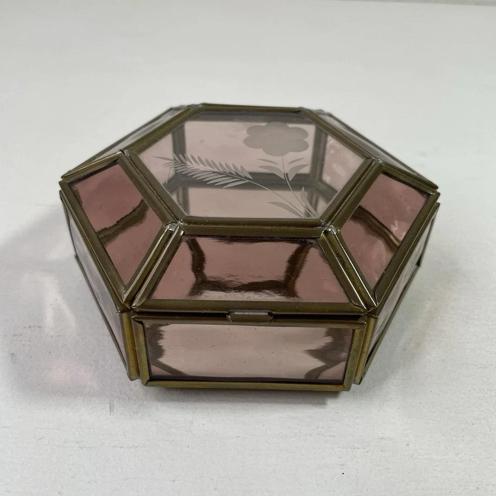 Vintage Purple Glass Jewelry Box Etched Flower Mirrored Brass Base Hexagon